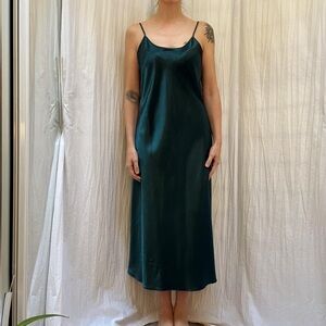 Teal satin maxi chemise nightgown with low & cross cross back detailing vtg 90s